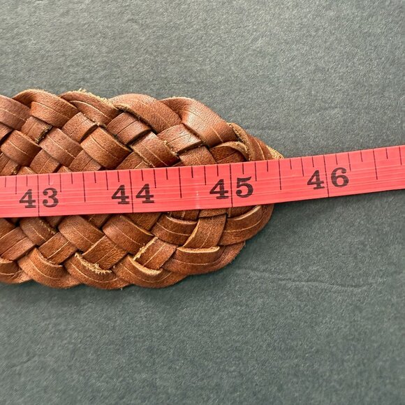 Chico's Macarthy Brown Woven Leather Belt Oversized Brass Buckle 45" Adjustable - Picture 8 of 11